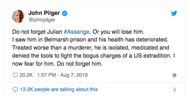 Journalist John Pilger's twitt. © Screen copy