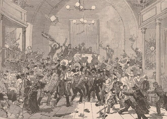 « Paris. La manifestation du 11 mars. Salle Rivoli. Les anarchistes, conduits par Mlle d'Erlincourt, maltraitent Yves Guyot. (Dessin de M. Haënen, d'après le croquis de M. Dick) » « Paris. La manifestation du 11 mars. Salle Rivoli. Les anarchistes, conduits par Mlle d'Erlincourt, maltraitent Yves Guyot. (Dessin de M. Haënen, d'après le croquis de M. Dick) »