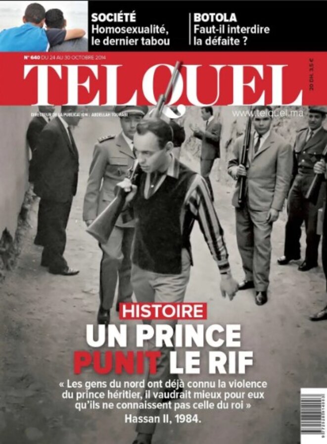 Un numéro d’octobre 2014 du magazine Tel Quel montre le prince héritier Hassan dans le Rif en janvier 1959, après la répression des Berbères par l’armée marocaine. Un numéro d’octobre 2014 du magazine Tel Quel montre le prince héritier Hassan dans le Rif en janvier 1959, après la répression des Berbères par l’armée marocaine.