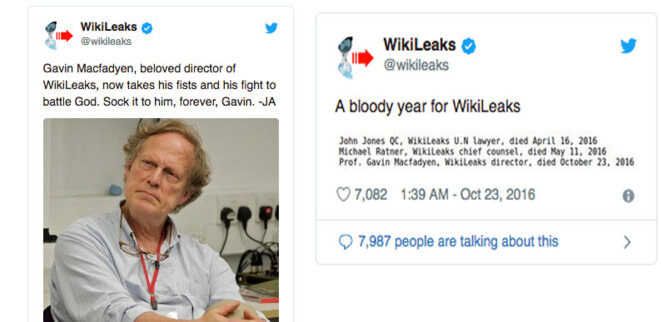 Julian Assange & WikiLeaks tweets right after MacFadyen death © WikiLeaks Julian Assange & WikiLeaks tweets right after MacFadyen death © WikiLeaks