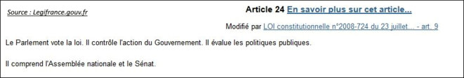 Art. 24 de la Constitution: c'est le Parlement qui contrôle le Gouvernement, et non l'Exécutif qui contrôle le Parlement © Constitution sur Legifrance.gouv.fr (copie d'écran) Art. 24 de la Constitution: c'est le Parlement qui contrôle le Gouvernement, et non l'Exécutif qui contrôle le Parlement © Constitution sur Legifrance.gouv.fr (copie d'écran)