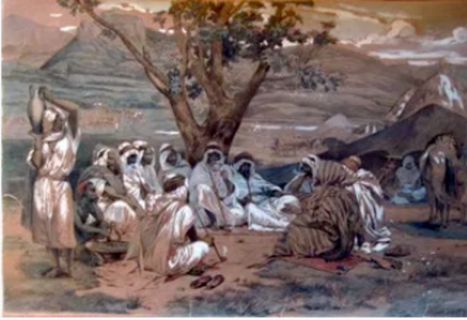 Horace Vernet (1789-1863) : « Scène d’Arabes dans leur camp, écoutant une histoire », 55,8 x 80,5 cm, crayon noir et aquarelle avec rehauts de gouache blanche sur papier bistre (Cabinet des Estampes et des Dessins du Musée des Beaux-Arts de Strasbourg)