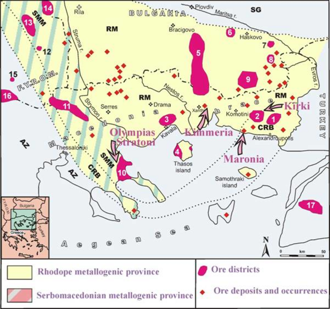 Carte des gisements miniers dans le Sud des Balkans: Grèce, Bulgarie, Macédoine du Nord, Turquie