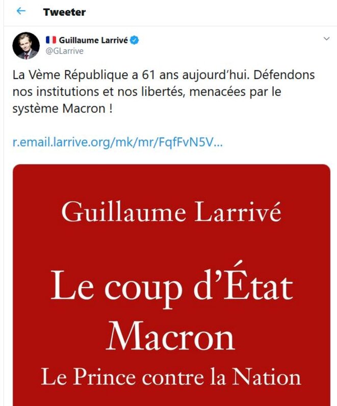 Tweet public de Guillaume Larrivé (4/10/19) — Copie d'écran. © https://twitter.com/GLarrive/status/1180039739946221568 Tweet public de Guillaume Larrivé (4/10/19) — Copie d'écran. © https://twitter.com/GLarrive/status/1180039739946221568