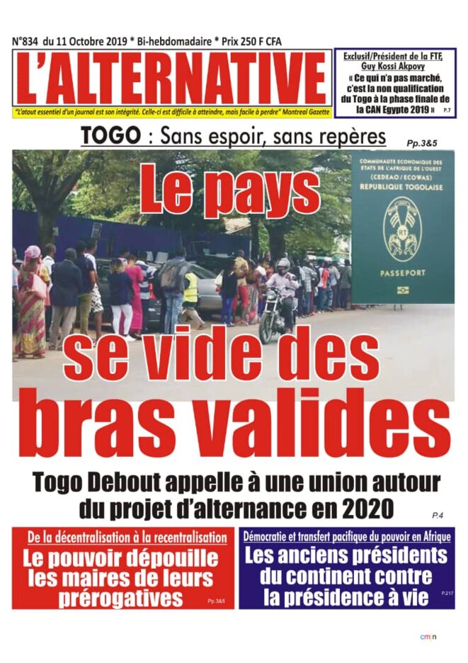 Une du quotidien L'Alternative du 11 octobre 2019 Une du quotidien L'Alternative du 11 octobre 2019