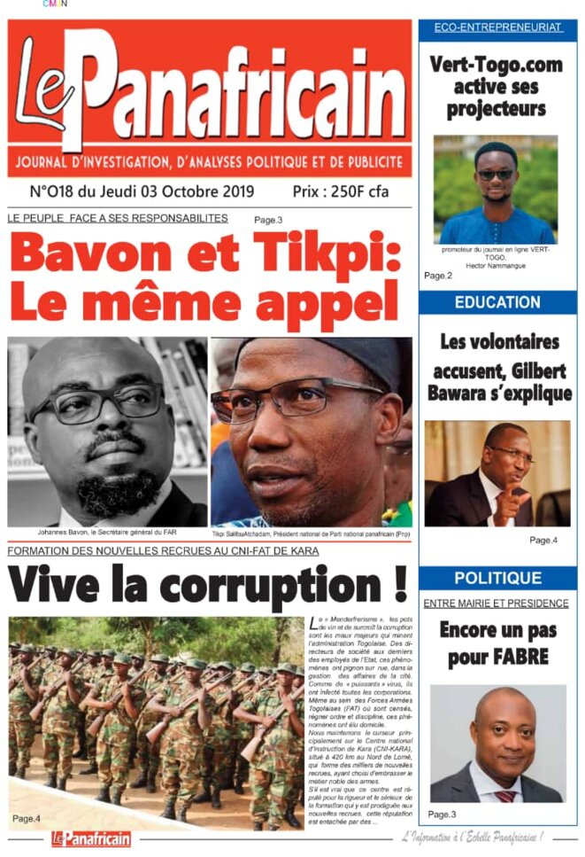 Une du journal Le Panafricain du 3 octobre 2019 Une du journal Le Panafricain du 3 octobre 2019