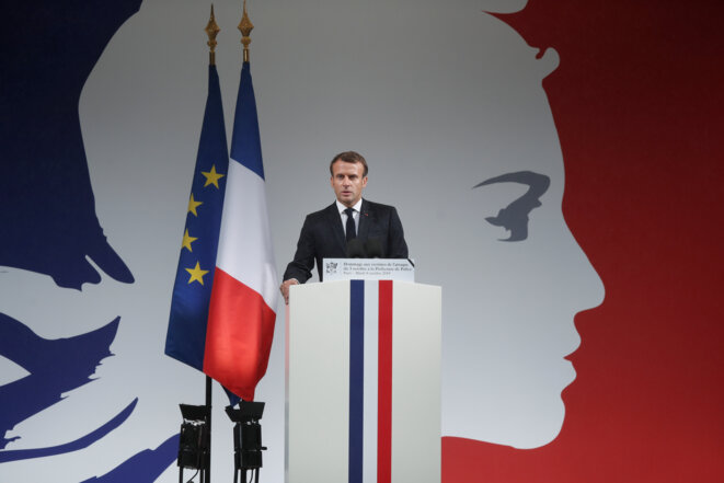 Lors de son hommage aux victimes de la tuerie de la préfecture de police de Paris, Emmanuel Macron a plaidé pour une « société de la vigilance » face à l’« hydre islamiste », le 8 octobre 2019. © Reuters