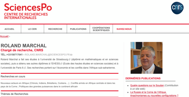 La page de Roland Marchal sur le site du CERI. © DR La page de Roland Marchal sur le site du CERI. © DR