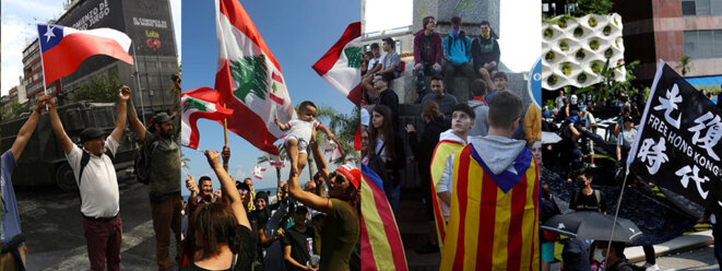 Des manifestations à Santiago (Chili), Beyrouth (Liban), Barcelone (Espagne) et Hong Kong (Chine). © Reuters Des manifestations à Santiago (Chili), Beyrouth (Liban), Barcelone (Espagne) et Hong Kong (Chine). © Reuters