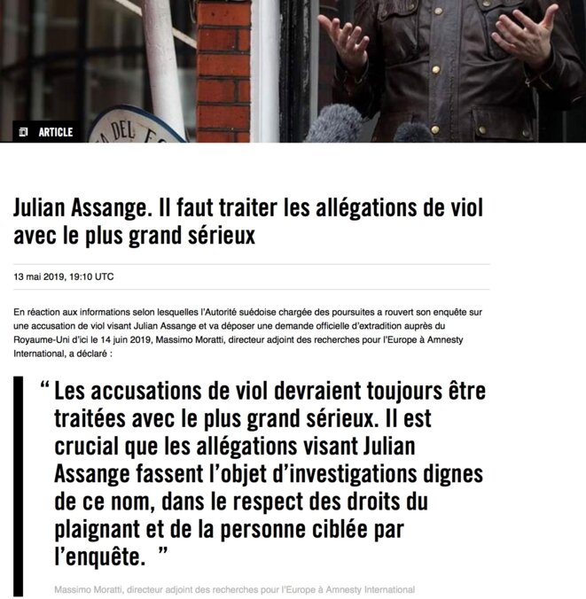 AMNESTY INTERNATIONAL, communiqué sur Julian Assange, 13 mai 2019 © Amnesty, copie d'écran. AMNESTY INTERNATIONAL, communiqué sur Julian Assange, 13 mai 2019 © Amnesty, copie d'écran.