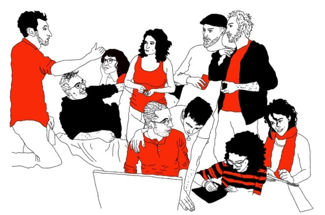 L’équipe de Mouais (de droite à gauche : Laz, Morresk, Marc, Kawalight, Bob, Esteban, Staferla, Ariane, Jidé, Macko) – Dessin : Laz
