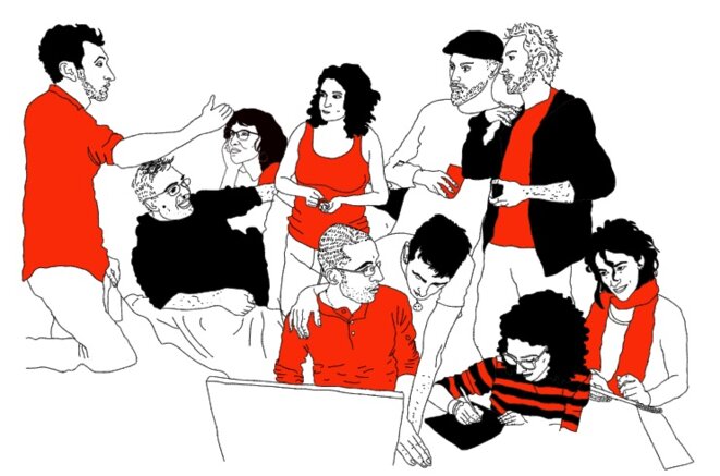 L’équipe de Mouais (de droite à gauche : Laz, Morresk, Marc, Kawalight, Bob, Esteban, Staferla, Ariane, Jidé, Macko) – Dessin : Laz L’équipe de Mouais (de droite à gauche : Laz, Morresk, Marc, Kawalight, Bob, Esteban, Staferla, Ariane, Jidé, Macko) – Dessin : Laz