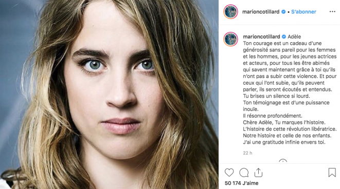 A message of support for Adèle Haenel posted on Instagram by French actress Marion Cotillard. © dr