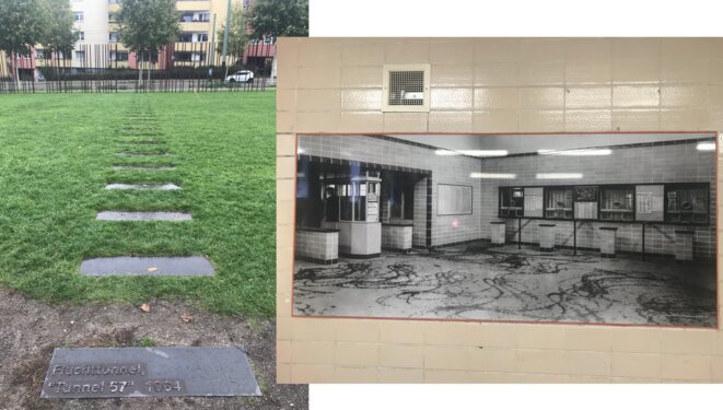 Indication sur une pelouse du tunnel 57 (1964). Au bout, des tiges métalliques symbolisant le Mur, au delà c'était l'Ouest. Photo d'une gare fantôme affichée sur les murs de la station actuelle Nordbahnhof Indication sur une pelouse du tunnel 57 (1964). Au bout, des tiges métalliques symbolisant le Mur, au delà c'était l'Ouest. Photo d'une gare fantôme affichée sur les murs de la station actuelle Nordbahnhof