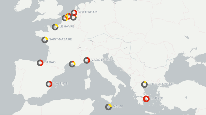 Treize ports européens détenus tout ou en partie par des armateurs chinois. © Mediapart