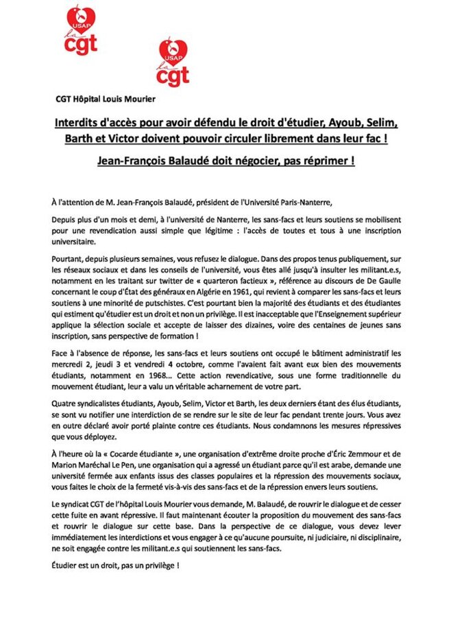 Nanterre: les syndicats soutiennent les sans-facs et condamnent Balaudé la matraque - Le Club de Mediapart
