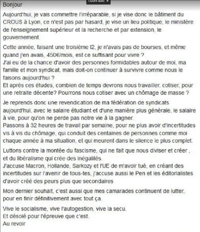 Message de l'étudiant immolé devant le CROUS de Lyon 2 © Capture d'écran Message de l'étudiant immolé devant le CROUS de Lyon 2 © Capture d'écran