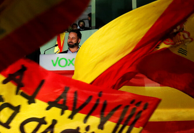 Santiago Abascal devant ses partisans dimanche soir à Madrid. © Reuters Santiago Abascal devant ses partisans dimanche soir à Madrid. © Reuters