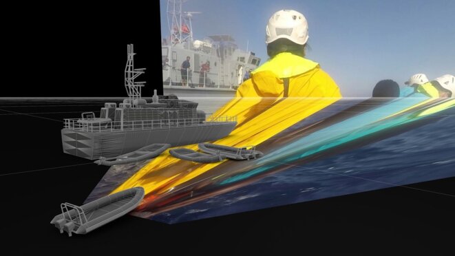 Sea Watch vs the Lybian Coastguard (2019) - La modélisation 3D permettant aux chercheurs de determiner des distances de manière exacte. © Forensic Architecture Sea Watch vs the Lybian Coastguard (2019) - La modélisation 3D permettant aux chercheurs de determiner des distances de manière exacte. © Forensic Architecture