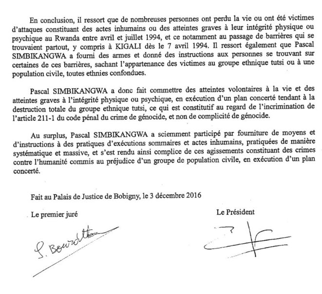 Extrait des motivations de la condamnation définitive de Pascal Simbikangwa pour sa responsabilité dans le génocide des Tutsi © Justice Française Extrait des motivations de la condamnation définitive de Pascal Simbikangwa pour sa responsabilité dans le génocide des Tutsi © Justice Française