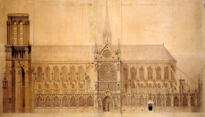 Projet de restauration de la façade méridionale de Notre-Dame de Paris, dessin de Lassus et Viollet-le-Duc, 1843 Projet de restauration de la façade méridionale de Notre-Dame de Paris, dessin de Lassus et Viollet-le-Duc, 1843