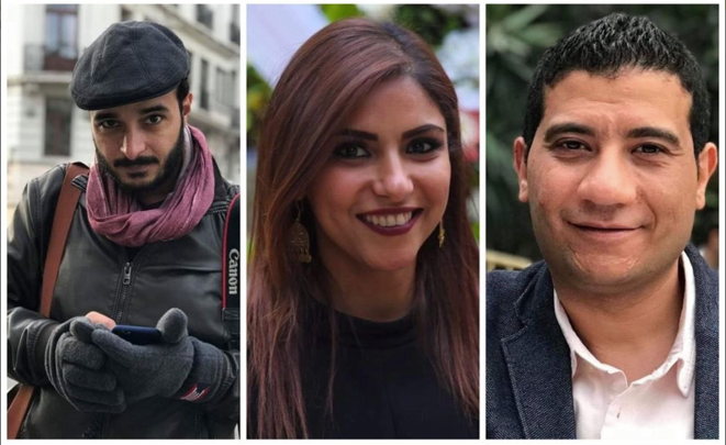 Hossam el-Sayed, Solafa Magdy et Mohamed Salah. © compte Twitter AmnestyAR Hossam el-Sayed, Solafa Magdy et Mohamed Salah. © compte Twitter AmnestyAR