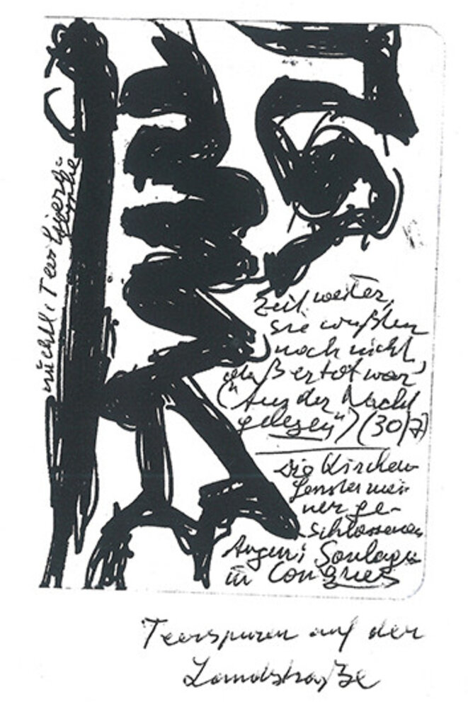 dessin de Peter Handke. "Les méandres noirs du bitume sur la route ici, il les voit comme une partition de musique" dessin de Peter Handke. "Les méandres noirs du bitume sur la route ici, il les voit comme une partition de musique"