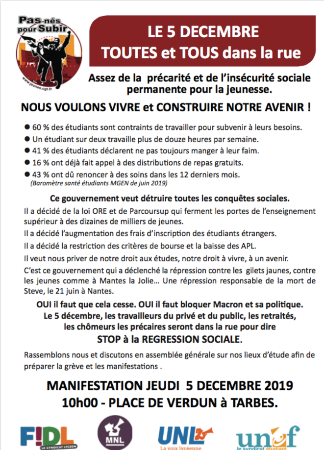 Le 5 décembre, toutes et tous dans la rue - Assez de la précarité et de l'insécurité sociale permanente pour la jeunesse © F!DL, MNL, UNL, UNEF et Jeunes CGT Le 5 décembre, toutes et tous dans la rue - Assez de la précarité et de l'insécurité sociale permanente pour la jeunesse © F!DL, MNL, UNL, UNEF et Jeunes CGT