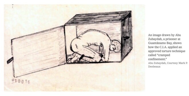 Drawing of Abu Zubaida, ex-Guantanamo detainee, describes “cramped confinement“ torture techniques. Drawing of Abu Zubaida, ex-Guantanamo detainee, describes “cramped confinement“ torture techniques.