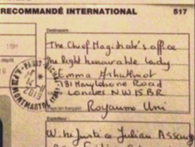 International Register letter (WJJA Assange release request) sent from France. No return from Westminster Court. International Register letter (WJJA Assange release request) sent from France. No return from Westminster Court.