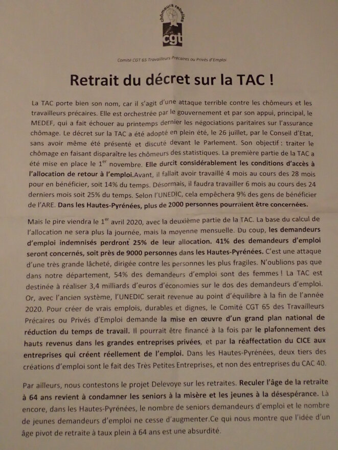 Retrait du décret sur la TAC contre les chômeurs et les travailleurs précaires © Comité CGT 65 Travailleurs Précaires ou Privés d'Emploi Retrait du décret sur la TAC contre les chômeurs et les travailleurs précaires © Comité CGT 65 Travailleurs Précaires ou Privés d'Emploi