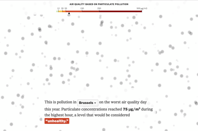 The floating particles depict microscopic particulate pollution called PM2.5. The number of particles you see here represents the upper limit for “good” air quality, as defined by the United States Environmental Protection Agency: 12 micrograms per cubic meter over 24 hours. © New York Times The floating particles depict microscopic particulate pollution called PM2.5. The number of particles you see here represents the upper limit for “good” air quality, as defined by the United States Environmental Protection Agency: 12 micrograms per cubic meter over 24 hours. © New York Times