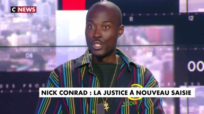 Le rappeur inconnu Nick Conrad sur le plateau de C NEWS en mai 2019 Le rappeur inconnu Nick Conrad sur le plateau de C NEWS en mai 2019