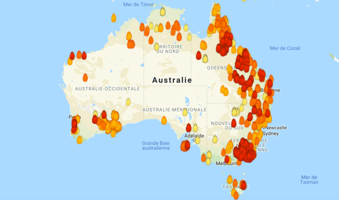 Mapa de los incendios en Australia entre el 9 y el 6 de enero de 2020. © myfirewatch.landgate.wa.gov.au