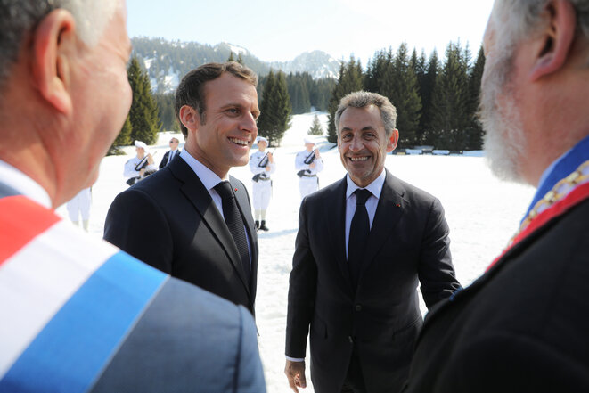 Emmanuel Macron y Nicolas Sarkozy, en marzo de 2019, en la meseta de Glières. © Ludovic Marin/Pool/AFP