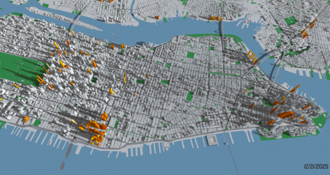 Projection de l'ombre portée des tours actuelles de Manhattan, et des projets planifiés ou en construction, au 21 décembre 2025. © Municipal Art Society de New York Projection de l'ombre portée des tours actuelles de Manhattan, et des projets planifiés ou en construction, au 21 décembre 2025. © Municipal Art Society de New York