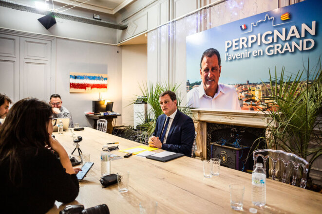 Louis Aliot présente ses vœux à la presse dans son QG de campagne à Perpignan, le 3 janvier. © Jc Milhet / Hans Lucas Louis Aliot présente ses vœux à la presse dans son QG de campagne à Perpignan, le 3 janvier. © Jc Milhet / Hans Lucas