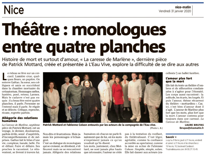 Article de Laure BRUYAS sur "La caresse de Marlène" dans Nice-Matin le 31 janvier 2020 © Laure BRUYAS Article de Laure BRUYAS sur "La caresse de Marlène" dans Nice-Matin le 31 janvier 2020 © Laure BRUYAS