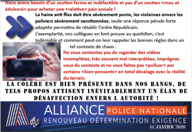 Tract du syndicat de police Alliance, 14 janvier 2020. © DR Tract du syndicat de police Alliance, 14 janvier 2020. © DR