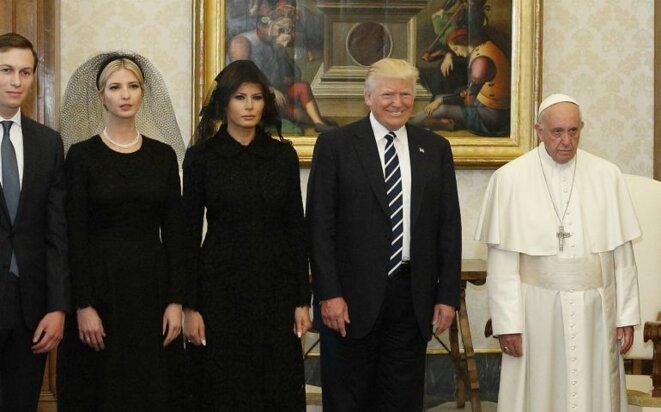 Pope Francis poses for a photo with President Donald Trump, his wife Melania and daughter Ivanka Trump, accompanied by her husband, Jared Kushner, during a private audience at the Vatican May 24, 2019. © CNS/Paul Haring Pope Francis poses for a photo with President Donald Trump, his wife Melania and daughter Ivanka Trump, accompanied by her husband, Jared Kushner, during a private audience at the Vatican May 24, 2019. © CNS/Paul Haring