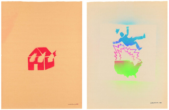 Gauche: David Wojnarowicz, Untitled (Burning House), 1982, spray paint on paper, 60,8 x 45.4 cm, Whitney Museum of American Art, Acquisition with funds of Print .Committee 2010.871, © Whitney Museum of American Art. Droite: David Wojnarowicz, Untitled (Falling man and map of U.S.A.), 1982, spray paint on paper, 60,8 x 45.4 cm, Whitney Museum of American Art, Acquisition with funds of Print .Committee 201.269, © Whitney Museum of American Art, New York Gauche: David Wojnarowicz, Untitled (Burning House), 1982, spray paint on paper, 60,8 x 45.4 cm, Whitney Museum of American Art, Acquisition with funds of Print .Committee 2010.871, © Whitney Museum of American Art. Droite: David Wojnarowicz, Untitled (Falling man and map of U.S.A.), 1982, spray paint on paper, 60,8 x 45.4 cm, Whitney Museum of American Art, Acquisition with funds of Print .Committee 201.269, © Whitney Museum of American Art, New York