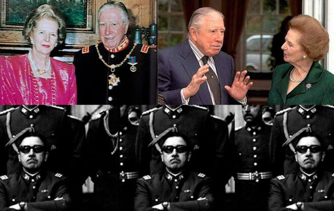 Le réactionnaire chilien Pinochet au côté du Premier Ministre britannique Margareth Thatcher (en haut) et de ses officiers (en bas). Le réactionnaire chilien Pinochet au côté du Premier Ministre britannique Margareth Thatcher (en haut) et de ses officiers (en bas).