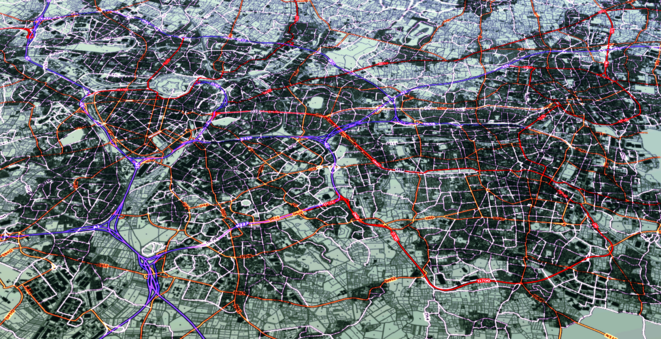 Agglomération lilloise, tourné de 60° vers l’est, vue satellite avec surlignage de la densité urbaine et du réseau routier Agglomération lilloise, tourné de 60° vers l’est, vue satellite avec surlignage de la densité urbaine et du réseau routier