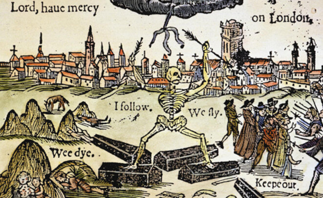 Gravure coloriée commémorant une des pestes de Londres, 1625. Gravure coloriée commémorant une des pestes de Londres, 1625.