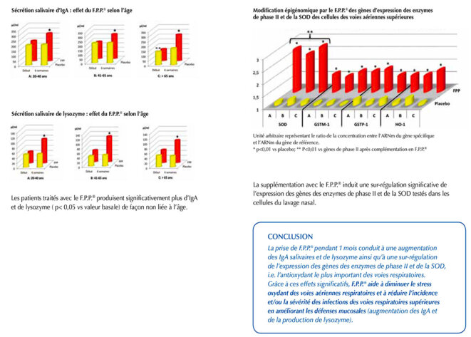 La prise de F.P.P.® pendant 1 mois conduit à une augmentation des IgA salivaires et de lysozyme ainsi qu’à une sur-régulation de l’expression des gènes des enzymes de phase II et de la SOD, i.e. l’antioxydant le plus important des voies respiratoires. Grâce à ces effets significatifs, F.P.P.® aide à diminuer le stress oxydant des voies aériennes respiratoires et à réduire l’incidence et/ou la sévérité des infections des voies respiratoires supérieures en améliorant les défenses m La prise de F.P.P.® pendant 1 mois conduit à une augmentation des IgA salivaires et de lysozyme ainsi qu’à une sur-régulation de l’expression des gènes des enzymes de phase II et de la SOD, i.e. l’antioxydant le plus important des voies respiratoires. Grâce à ces effets significatifs, F.P.P.® aide à diminuer le stress oxydant des voies aériennes respiratoires et à réduire l’incidence et/ou la sévérité des infections des voies respiratoires supérieures en améliorant les défenses m