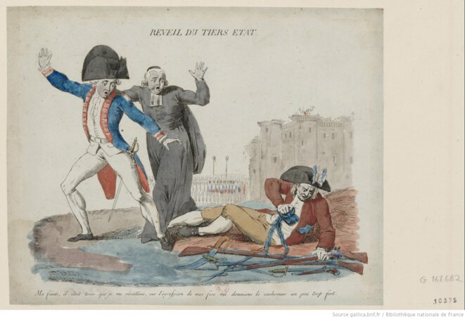 Estampe révolutionnaire, Paris, 1789. Réveil du Tiers état: ma feinte, il étoit tems que je me réveillisse, car l'opression de mes fers me donnions le cochemar un peu trop fort". Source: gallica.bnf.fr. Estampe révolutionnaire, Paris, 1789. Réveil du Tiers état: ma feinte, il étoit tems que je me réveillisse, car l'opression de mes fers me donnions le cochemar un peu trop fort". Source: gallica.bnf.fr.