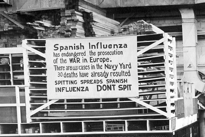 A sign from October 1918 at the Navy Yard in Philadelphia warning people not to spit. © DR