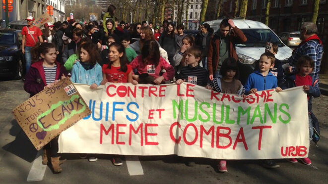 Bruxelles, 24 mars 2018. Les jeunes de l’Union des progressistes juifs de Belgique manifestent. Bruxelles, 24 mars 2018. Les jeunes de l’Union des progressistes juifs de Belgique manifestent.