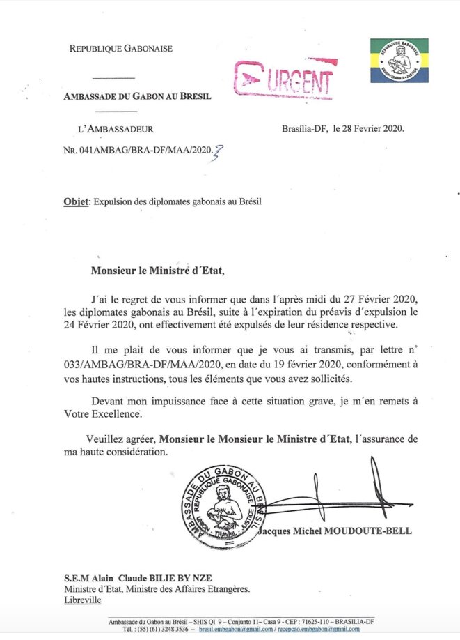 Février 2020-Document officiel concernant l’expulsion des diplomates Gabonais se trouvant au Brésil. Février 2020-Document officiel concernant l’expulsion des diplomates Gabonais se trouvant au Brésil.