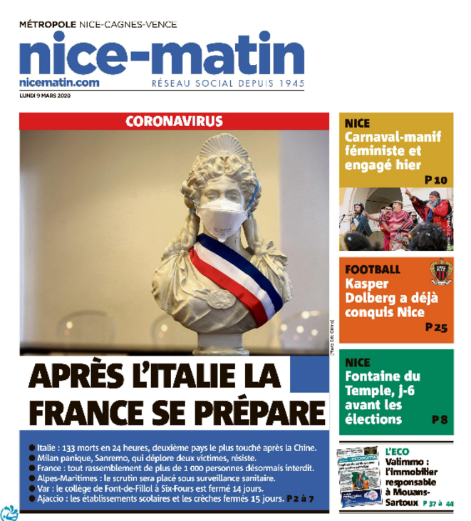 La "Une" de Nice-Matin ce lundi 9 mars 2020 © Nice-Matin La "Une" de Nice-Matin ce lundi 9 mars 2020 © Nice-Matin
